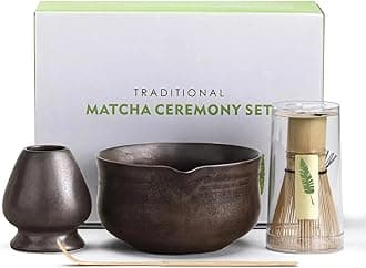 THE WHITE SHOP Matcha Set, Japanese Tea Set Includes Matcha Bowl with Spout, Matcha Whisk Holder, Bamboo Matcha Whisk and Bamboo Scoop, Ceramic Matcha Kit for Tea Lovers