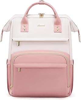 LOVEVOOK Leather Backpack for Women,17 inch Leather Laptop Backpack Women,Professional Work Backpack Nurse College Teacher Bag,Womens Laptop Tote Bag Computer Travel Backpack Purse,Beige White-Pink