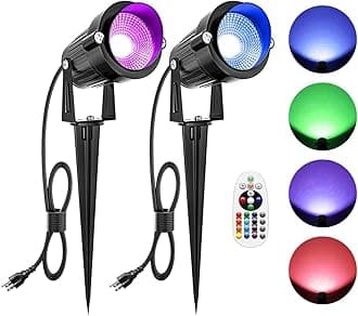Christmas Spotlights LED Outdoor Spot Lights for Yard, 10W RGB Landscape Lights Color Changing, 120V Waterproof Spotlight with Plug & Remote for House Garden Path Tree Decoration(2Pack)