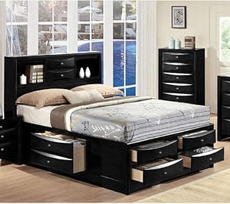 Contemporary Wood Storage Bed Frame Full Size with 8 Storage Drawers, Bookcase Headboard for Master or Guest Room No Box Spring Required Easy Assembly (Full Bed, Black)