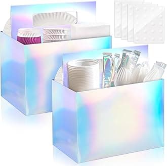 2PCS Iridescent Utensil Holder Disposable Utensil Caddy for Birthday Party Supplies Paper Cutlery Holder with Handles for Iridescent Party Decorations Cutlery Caddy for Cups Spoons Forks Napkins Plate