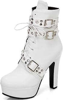 Women Studded Belt Buckle Chunky High Heel Ankle Boots Sexy Round Toe Lace-up Punk Combat Warm Platform Gothic Knight Mid Calf Booties