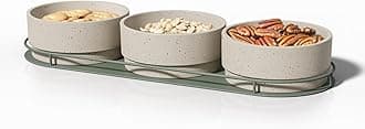 Ceramic Chip and Dip Serving Tray Set – 8-Piece Snack Platter with Round Wooden Base – 7 x 3oz Small Bowls & 1 x 14oz Dip Bowl – Microwave, Oven & Dishwasher Safe – Chip & Dip Set for Snacks & Sauces