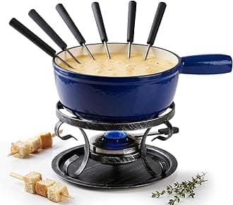 Artestia Cast Iron Fondue Pot Set for Cheese & Chocolate, Fondue Set for 6 with Burner & 6 Forks, Swiss Fondue Pot for Party, Family & Gift, Blue
