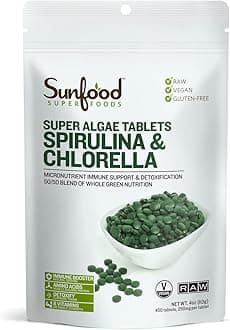 Sunfood Superfoods Chlorella Spirulina Tablets - Spirulina and Chlorella Green Algae Tablets for Women & Men, Source of Chlorophyll, B Vitamins, and Protein, Broken Cell Wall, Vegan - 4 oz Bag