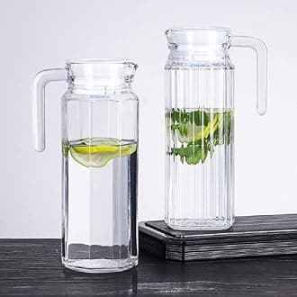 Premium Water and Juice Glass Jug Pitcher with lid (Set of 2), 1.1-Liter, Hot Cold Water Pitcher Water Jug for Dining Table, Iced Tea, Milk and Juice Beverage Carafe, Lemon Jug.