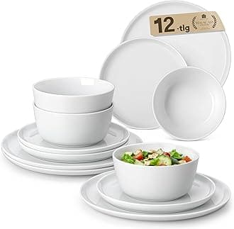 MALACASA 12-Piece Dinner Set for 4, White Porcelain Crockery Set with Plates and Bowls, Premium Chip & Scratch Resistant Ceramic Dinnerware Sets, Microwave and Dishwasher Safe, Lexi Series