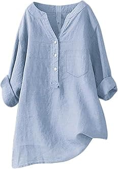 Linen Shirts for Women 2025 Buttons V Neck Cloths Long Sleeve Pockets Tshirt Trendy Dressy Blouses Casual Tunic Tops