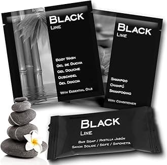 GPQ - Hotel Amenities Kit | Black Line Pack | Shower Gel + Shampoo + Soap Bar Set | Bulk Buy 100 Units x 3 | Travel Size Toiletries | Paraben Free | Miniatures for Apartment, AirBnB, B&B, Let, Guests
