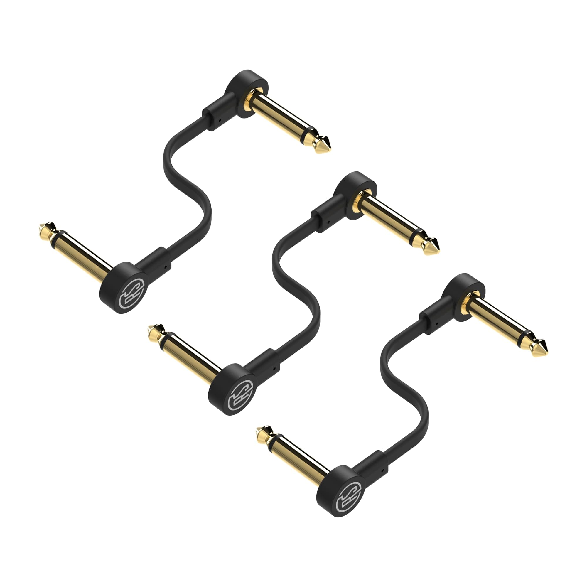 Guitar Flat Patch Cables (Pack of 3) - 4 Inch S-Shape Ultra-Thin Effect Guitar Pedal Patch Cables - Right-Angle, Black with Durable Gold Plated Connectors, Maximize Pedalboard Space