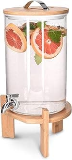 Glass Drinks Dispenser with Tap - 7 Litre Drink Jar with Spigot, Lid and Wooden Stand for Hot or Cold Beverages, Punch, Ice Water for Parties