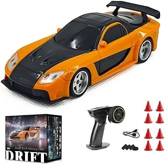 1/43 RC Drift Racing Car with Gyro, 4WD Fully Proportional Mini Electric Race Vehicle with LED Lights Remote Control High Speed Car for Adult Outdoor - Ready to Run (Gyro Orange Black)