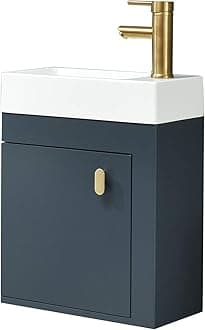 YOURLITE 16 inch Wall Mounted Floating Bathroom Vanity Sink Set Blue Cabinet with Golden Copper Faucet and Pop Up Drain,PVC Cabinet Sink Combo for Small Bathroom