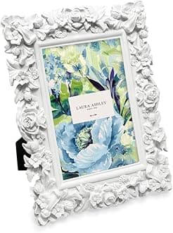 Laura Ashley 4x6 White Floral Textured Hand-Crafted Resin Picture Frame with Easel, for Tabletop & Wall Display, Decorative Floral Design Home Décor, Photo Gallery, Art & More (4x6, White)