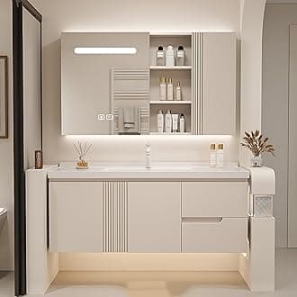 Bathroom Vanity with Sink - Floating Bathroom Vanity Contains LED Smart Defog Mirror Cabinet | Solid Wood Bathroom Vanity | Wall Mounted Installation (36")
