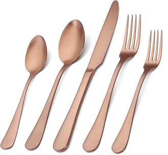 Matte Rose Gold Silverware Set, Satin Finish 20-Piece Stainless Steel Flatware Set with Round Edge,Kitchen Utensil Set Service for 4, Dishwasher Safe