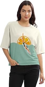 HELLCATBeige Printed Loose Fit Crew-Neck Crop T-Shirt for Women