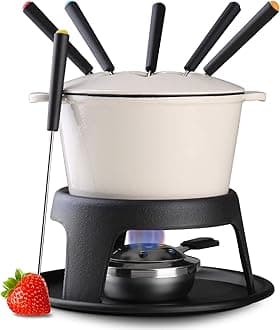 Artestia Cast Iron Fondue Pot Set for Chocolate Cheese Swiss Fondue Pot Set f...
