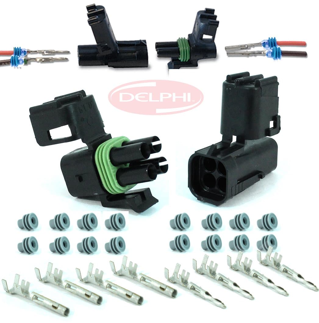 APTIV Packard (4 Circuits) Square Dual 2x2 Weatherpack, Completed Waterproof Set, Socket, Sealer & Terminal Kit 14, 16 AWG - Pack of (5)