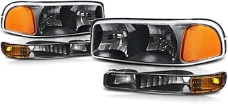 Black Housing Amber Corner Headlights Compatible with 99-07 Sierra 1500 2500 3500&HD / 99-06 Yukon&XL / 2001 Sierra C3, PMHL-GSIE-9906-4P-OH-BA