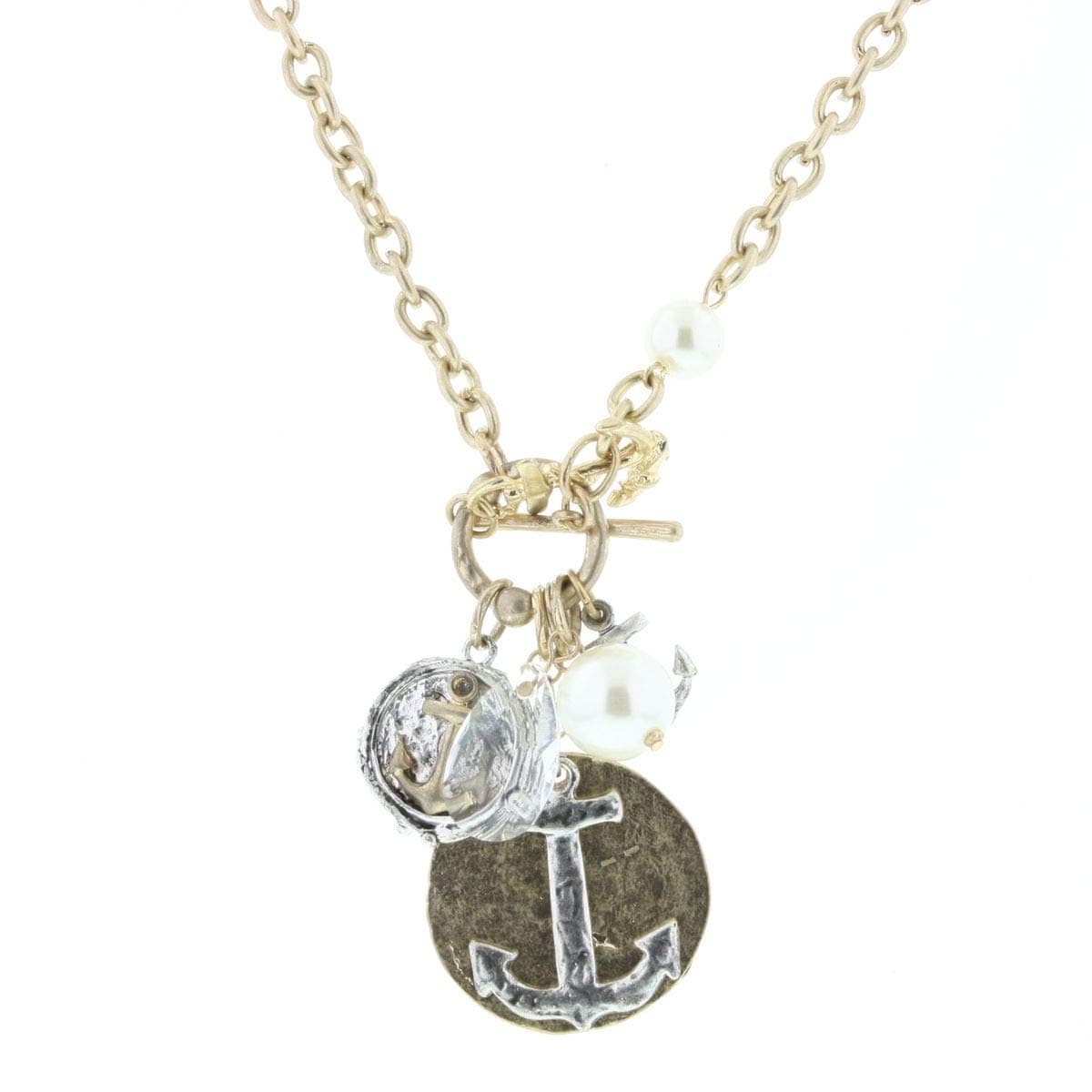 Pre-made Charm Toggle 30" Necklace Worn Gold and Oxidized Silver Anchor Cluster Theme