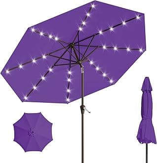 AreShark 9FT Solar Umbrella 32 LED Lighted Patio Umbrella Table Market Umbrella w/Tilt and Crank Outdoor Umbrellas for Garden, Deck, Backyard, Pool and Beach, Purple