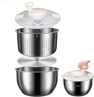 304 Stainless Steel Salad Spinner, 6L Large Stable Lettuce Spinner Collapsible with Bowl, Colander Strainer, Lockable PP Cover for Fruit and Vegetable Wash Veggie Pasta French Fries