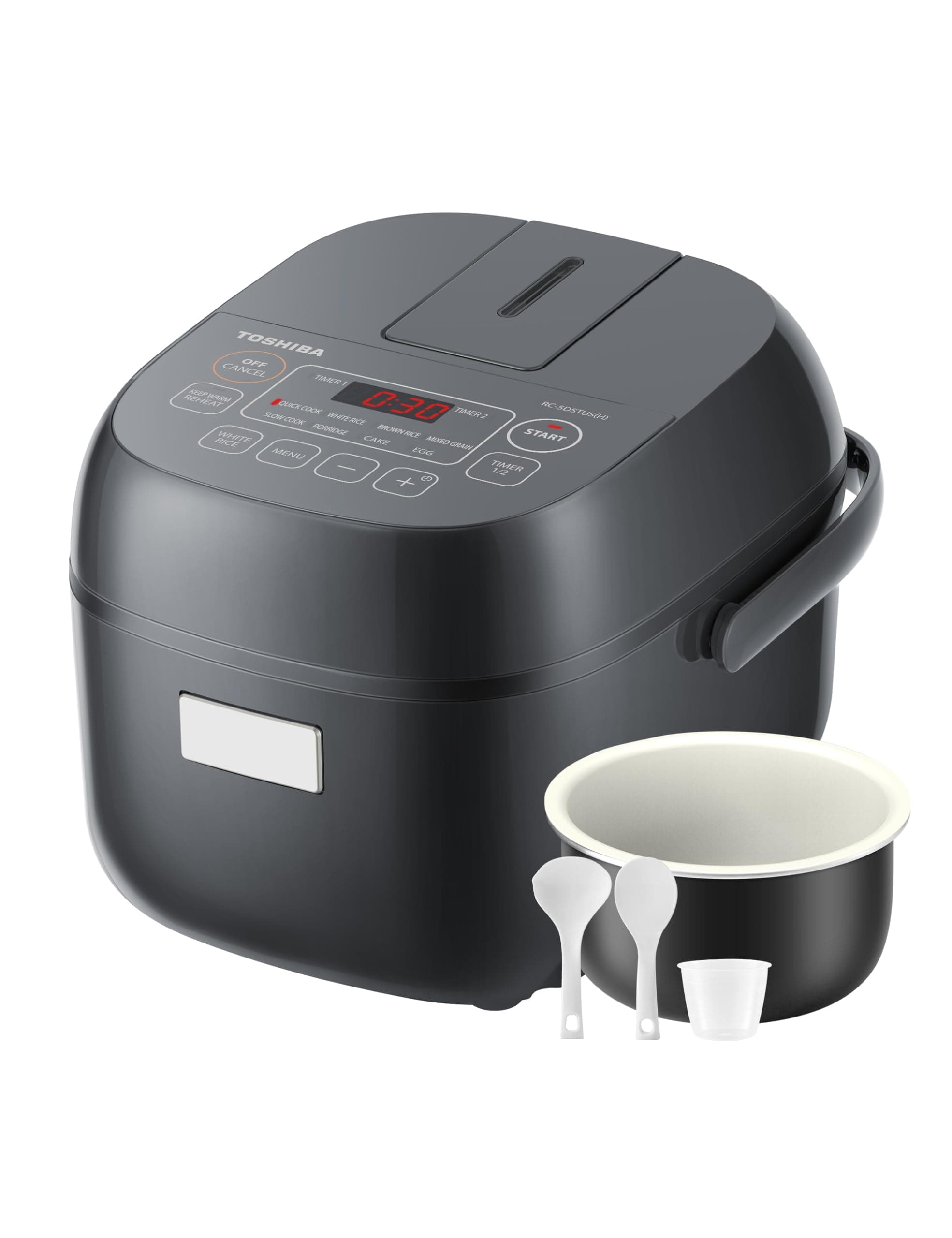 TOSHIBA Rice Cooker Small 3-Cup Uncooked– LCD Display with 8 Cooking Functions: Rice, Oatmeal, Mixed Grains and More, NonStick Inner Pot, Grey