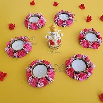 Pink Color Reusable Decorative Diya Set of 6 Handmade Tea Light Candle Designer Diyas with Ganesha Idol - Deepak, Candles, Home Decoration for puja Festival New Year