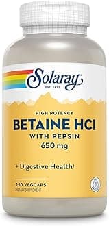 SOLARAY Betaine HCL with Pepsin - High Potency Hydrochloric Acid Formula - Digestive Health Supplement with Digestive Enzymes for Gut Health Support - 60-Day Guarantee, 250 Servings, 250 VegCaps