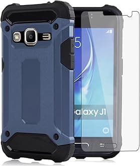 Phone Case for Samsung Galaxy Grand Prime J2 Prime with Tempered Glass Screen Protector Cover and Slim Rugged Hybrid Dual Layer Cell Accessories Protective Glaxay 2 2J Plus Women Men Navy Blue