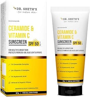 Dr. Sheth's Ceramide & Vitamin C Sunscreen SPF 50+ PA++++ In-Vivo Tested For Healthy & Bright Skin Lightweight & Non Greasy For UVA/UVB & Blue Light & IR Protection No white cast For All Skin Types