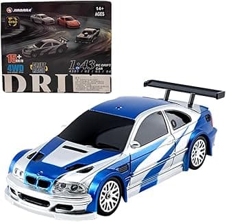 FunXylophy RC Sport Racing Drift Car, 1/43 Scale 2.4G 15KM/H Full Proportional RC Electric Mini Racing Drift Car Model with Lights Kit and Drift Tires (Blue White Gyroscope RTR Version)