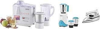 USHA RapidMix 500-Watt Copper Motor Mixer Grinder (Sea Green/White) & Usha 3345 450-Watt Juicer Mixer Grinder with 2 Jars (White) & Usha EI 2802 1000 W Ultra Light Weight Dry Iron (White)