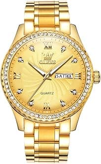 Men's Casual Stainless Steel Watch, Big Face Easy to Read Analog Quartz Watch with Day and Date, Classic Waterproof Diamond Roman Arabic Numerals Dial Dress Watch for Men, Gold Silver Black Band, Gold