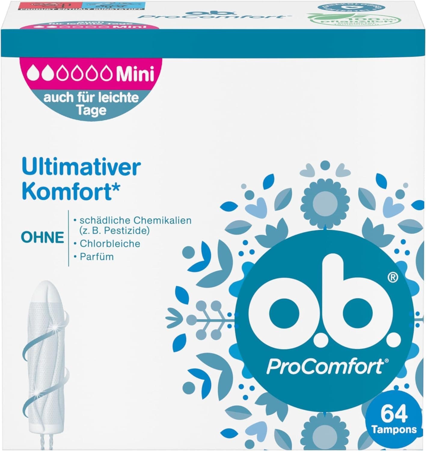 o.b. ProComfort Mini Tampons for Light to Medium Days with Dynamic Fit Technology & SilkTouch Surface for Ultimate Comfort* & Reliable Protection (1 x 64 Pieces)
