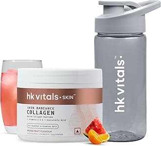 HealthKart HK Vitals Skin Radiance Collagen Powder, Marine Collagen (Mixed Fruit, 100 g) Collagen Supplements with Biotin for Healthy Skin, Hair & Nails with Sipper Bottle (Teal, 300 ml)