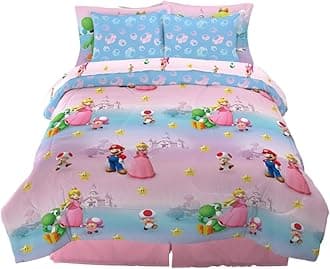 Super Mario Girl Princess Peach Girl Gamer Kids Bedding Super Soft & Cozy Reversible Microfiber Comforter and Sheet Set with Sham, 7 Piece Queen Size, (Officially Licensed Product) by Franco