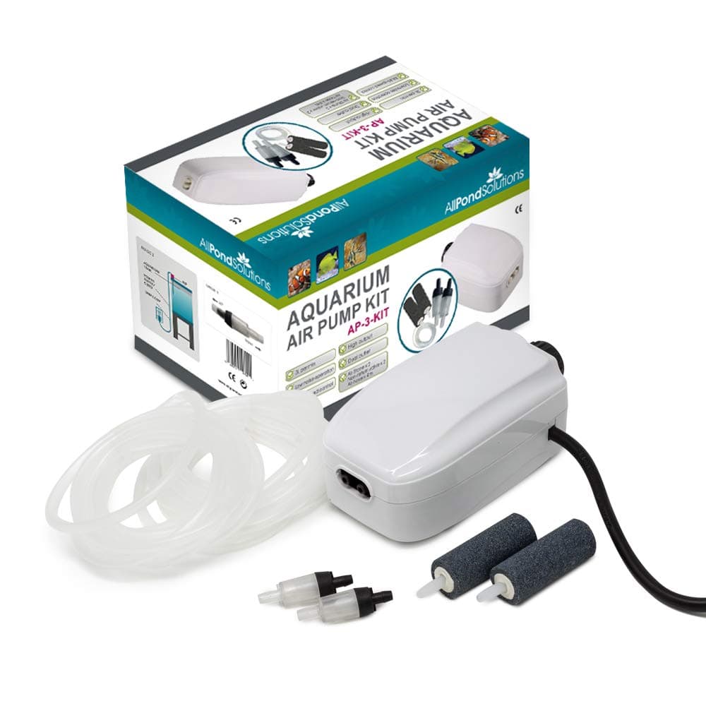 AllPondSolutions Aquarium Air Pump For Coldwater or Tropical Fish Tanks 90 to 700 Litres - 1-4 Outlets - Ultra Quiet Oxygen Pump - Includes Airline Non-Return Valves and Air Stones - Complete Kit