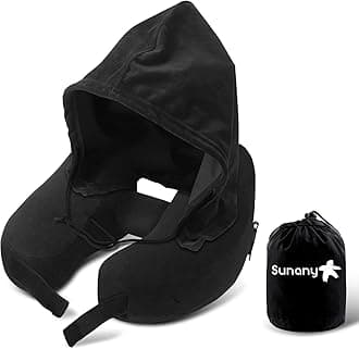 Sunany Inflatable Neck Pillow for Airplane Travel with Hoodie, Portable Neck Support for Long Haul Flights Sleeping Napping, with Soft Velour Cover Hat, Travelling Sleep Essentials for Plane Car Train