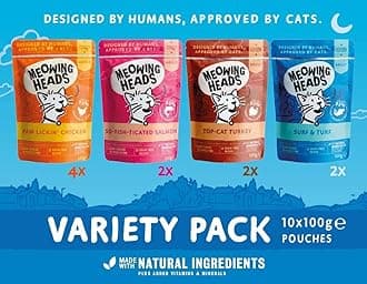 Meowing Heads Wet Cat Food - Variety Pack - 93% Natural Turkey, Chicken, Beef & Fish Pouches with No Artificial Flavours, Grain-Free Recipe (10 x 100g)