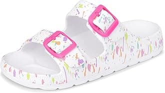 The Children's Place Girls Double Buckle Slip On Slide Sandals, White Paint Splatter