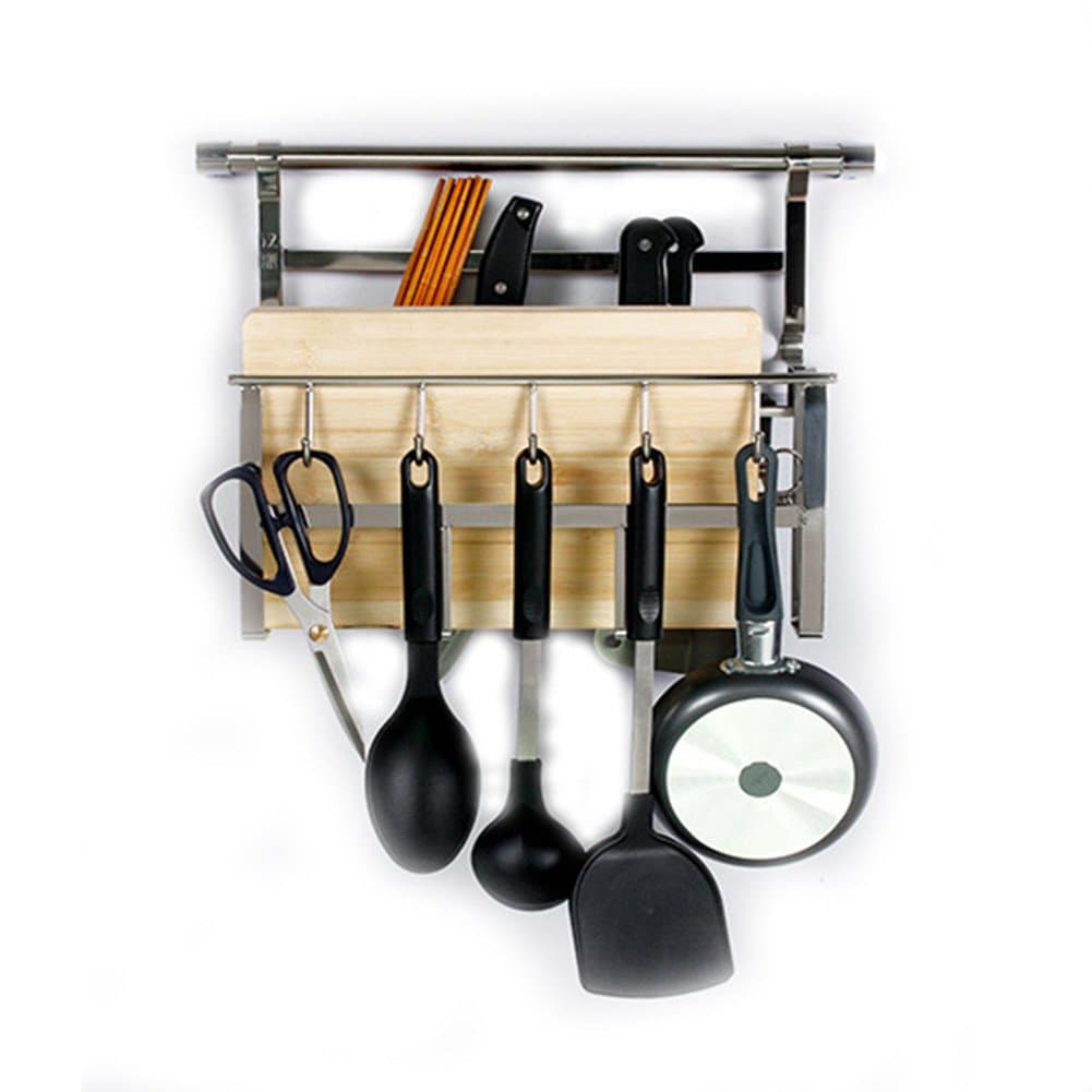 HANGOO Kitchen Organizer, Wall Hanging Kitchen Wall Rack, Wall Stainless Steel Shelf, Cutting Board Rack, Utensil / Pot / Pan/Sissor Hanger Hook, Pot Organiser (42x31x18.5cm)