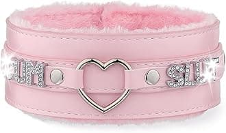Pink Furry Heart O-ring Leather Choker Collar For Women, Handmade Punk Gothic Letter Necklace Adjustable Fashion Jewerly