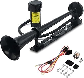12V 150DB Car Air Horns with install Mounting Plate, 18 Inches Chrome Zinc Single Trumpet Truck Super Loud Air Horn with Compressor kit for Any 12V Trucks Lorrys Trains Boats Cars