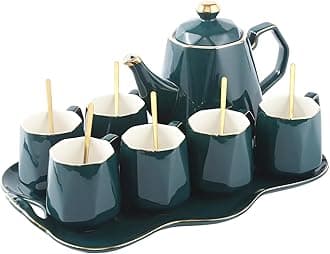 DUJUST 14 pcs Tea Set of 6 with Tray & Spoons, Modern Diamond Design Tea/Coffee Cup Set with Golden Trim, Chic Porcelain Living Room Decor, Fine-China Teapot Party Set, Gift Package - Green