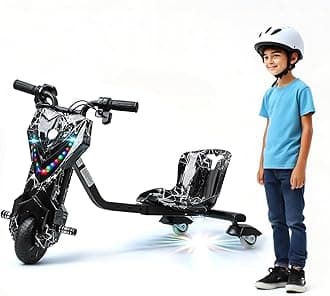 Electric Drift Trike for Kids, Drift Cart, Big Wheel Drifting Tricycle, Kid Ride on Tricycles for Ages 8+, with Adjustable Seat, 9 Miles/h Speed, Adjustable Length, with Light Black White