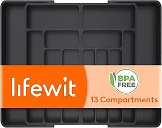 Lifewit Extra Large Cutlery Drawer Organsier, Extendable Utensil Tray for Kitchen, Silverware and Flatware Holder, Compact Plastic Storage for Spoons Forks Knives, 54-91x43cm, 13 Sections, Black