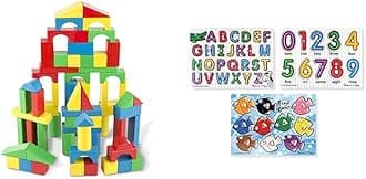 Melissa & Doug 100-Piece Wood Blocks Set & Classic Peg Puzzle Bundle (Alphabet, Numbers and Fish Colors)