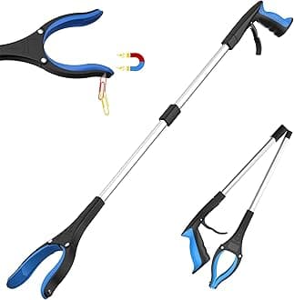 Reaching Aids (BlueSilver, 32INCH) Foldable Trash Pick Up Stick for Seniors with Strong Grip Magnetic，360°Rotating Anti-Slip Jaw 4" Wide Claw Opening,Hand Grabber for Reaching